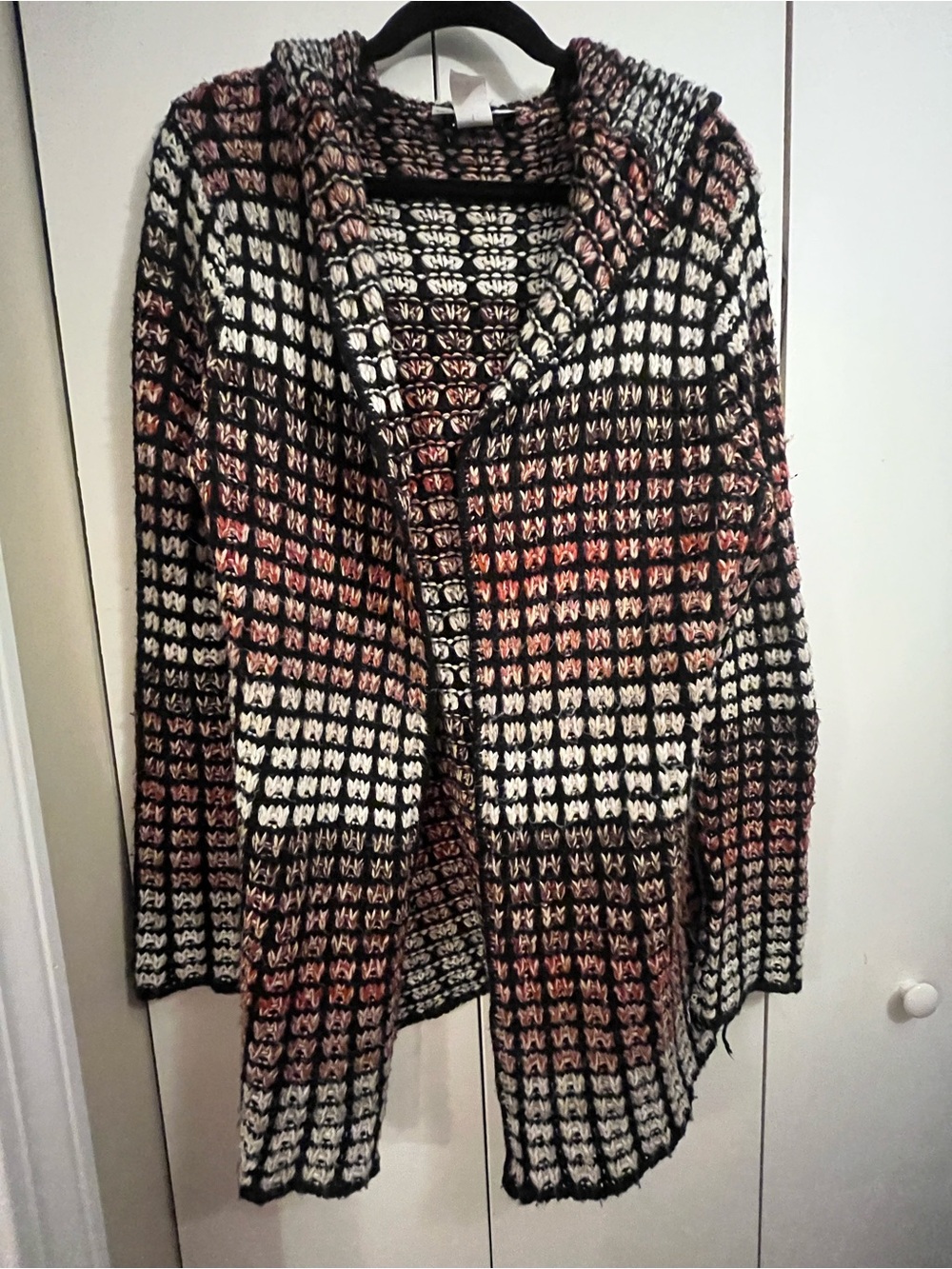 Two One Two New York Chunky Hooded Open-Front Cardigan. M. Whimsy. Patchwork.